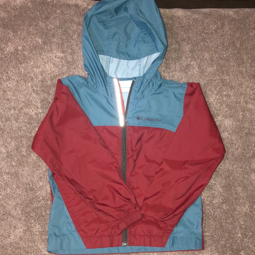 Kids Columbia rain jacket blue and burgundy size xxs 4/5